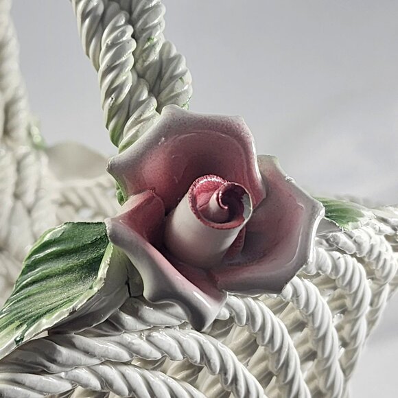 Vintage Italian Porcelain Basket Capodimonte Style Italy Pink Rose Flower Decor - Picture 7 of 12